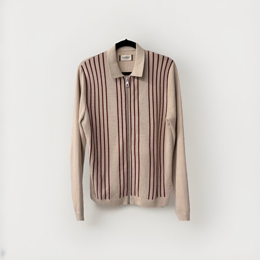 Farah Executive Model Beige Zip Up Sweater With Red Stripe Detail